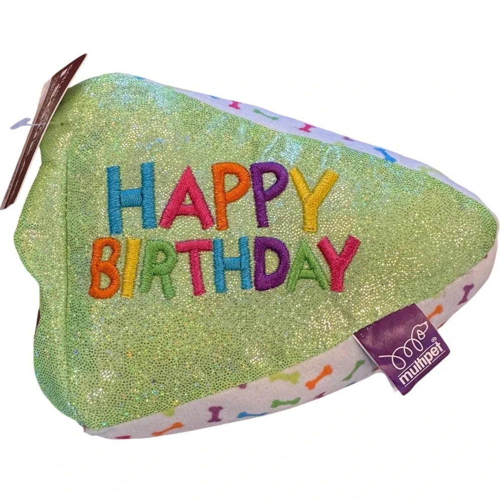 Multipet Birthday Cake Slice Dog Toy Green Plush Squeaker Crinkle 48708 NEW